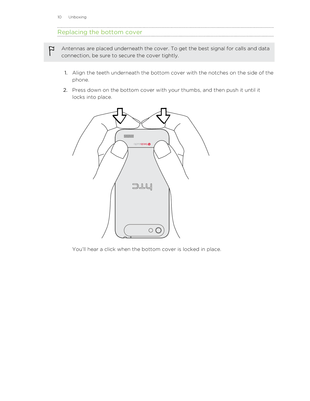HTC C3HTCONEV4GBUNLOCKEDBLACK manual Replacing the bottom cover 