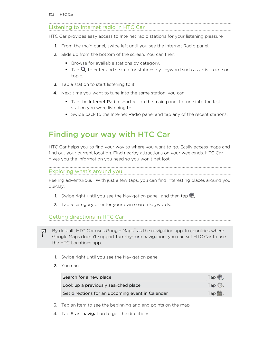 HTC C3HTCONEV4GBUNLOCKEDBLACK manual Finding your way with HTC Car, Listening to Internet radio in HTC Car 