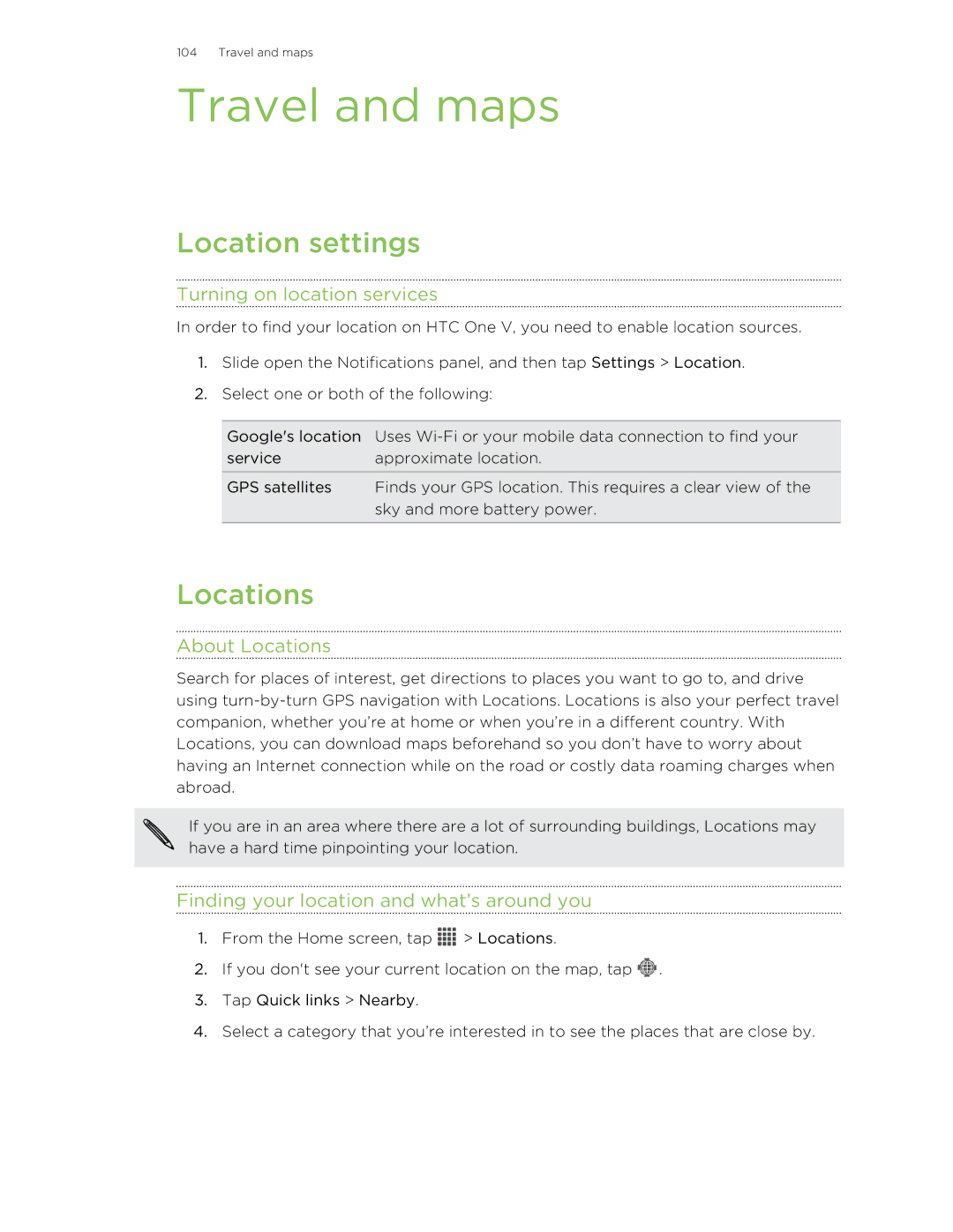 HTC C3HTCONEV4GBUNLOCKEDBLACK manual Travel and maps, Location settings, Locations 