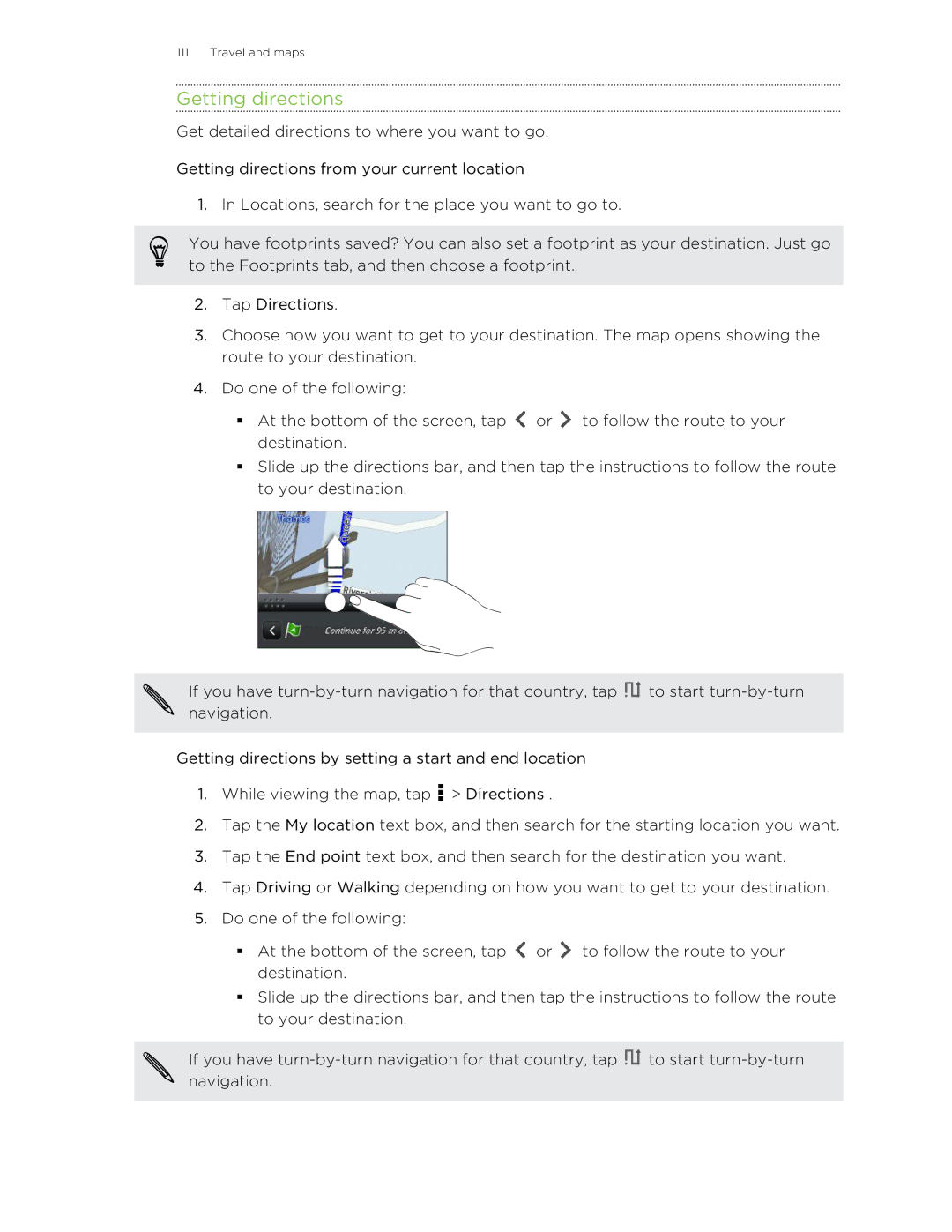 HTC C3HTCONEV4GBUNLOCKEDBLACK manual Getting directions 