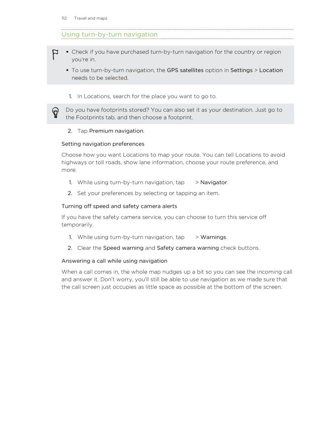 HTC C3HTCONEV4GBUNLOCKEDBLACK manual Using turn-by-turn navigation 