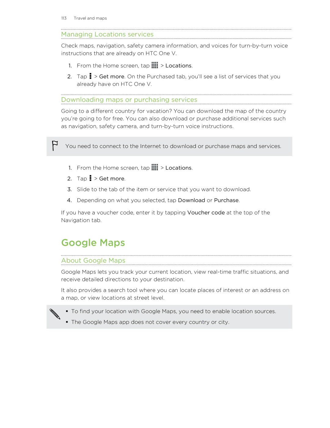 HTC C3HTCONEV4GBUNLOCKEDBLACK manual Google Maps, Managing Locations services, Downloading maps or purchasing services 