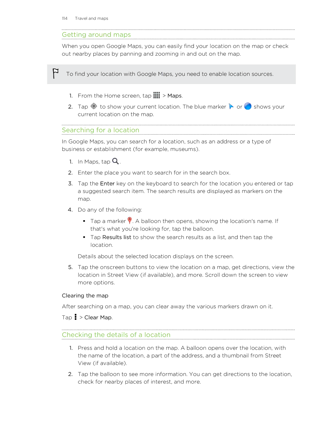 HTC C3HTCONEV4GBUNLOCKEDBLACK manual Getting around maps, Searching for a location, Checking the details of a location 