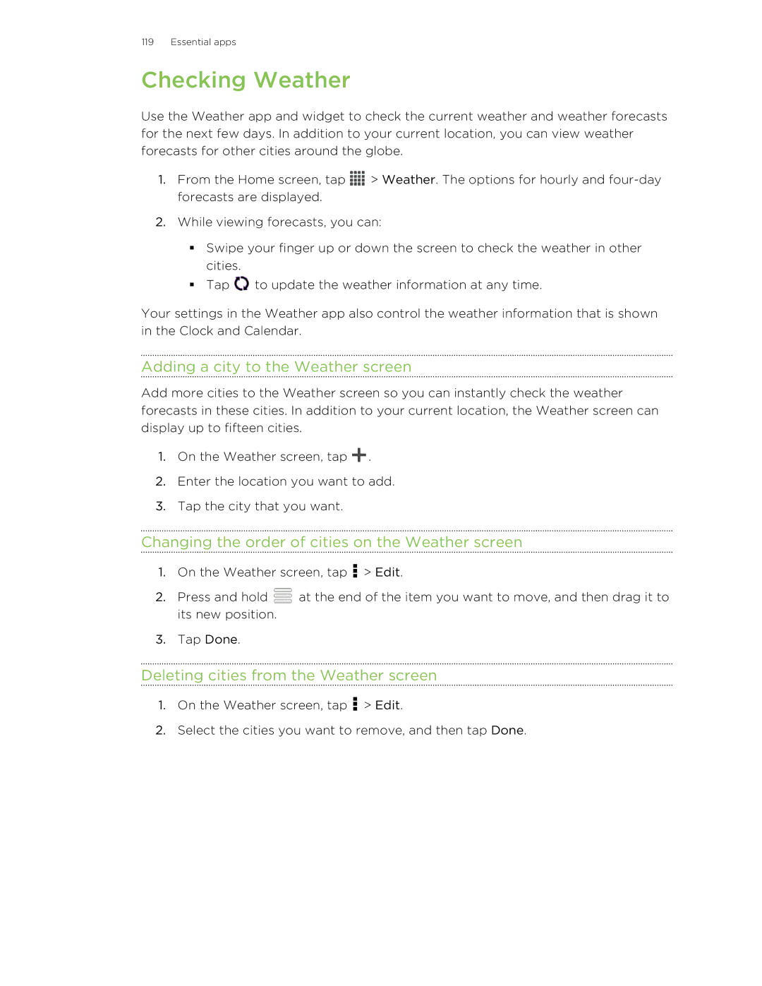 HTC C3HTCONEV4GBUNLOCKEDBLACK manual Checking Weather, Adding a city to the Weather screen 