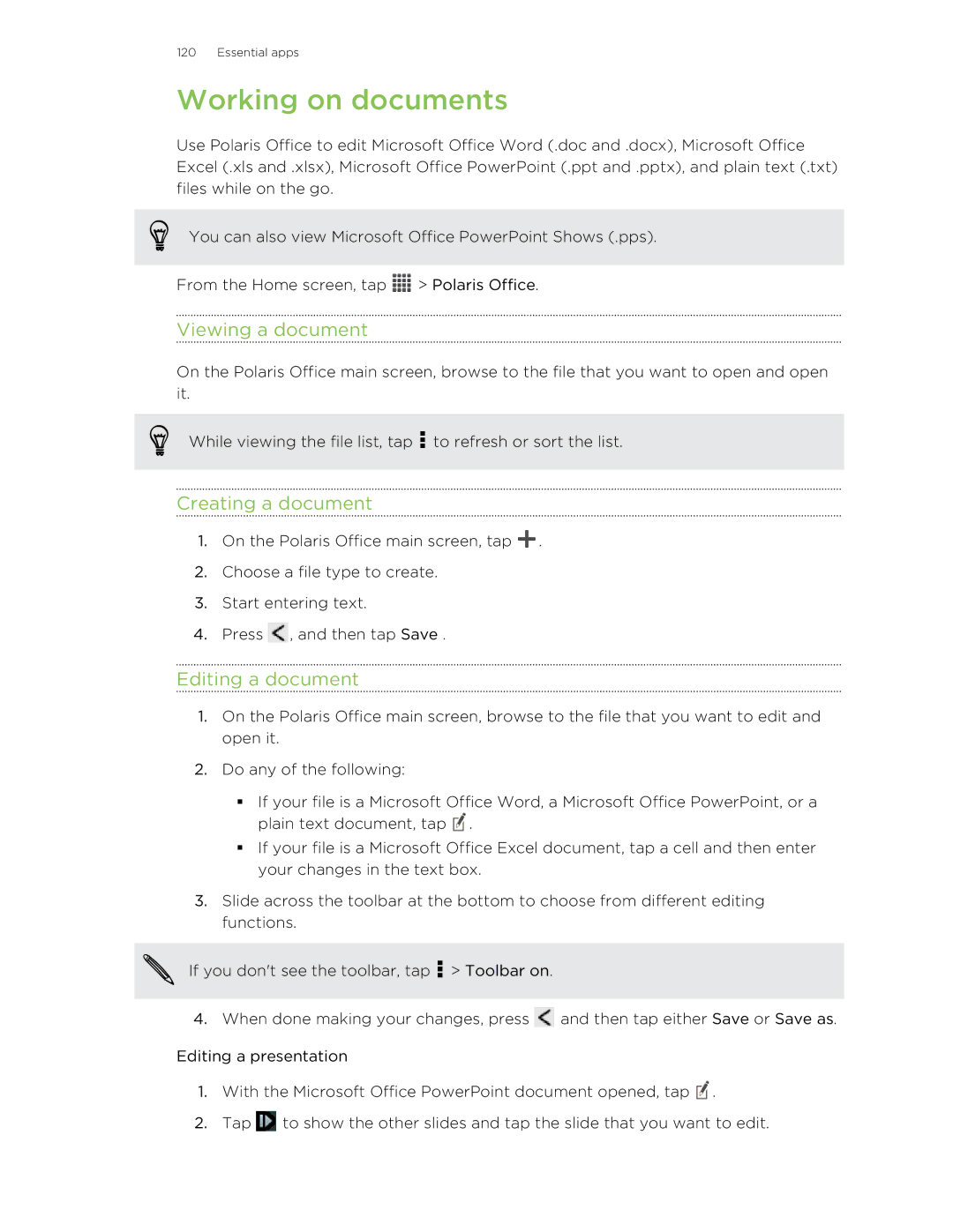 HTC C3HTCONEV4GBUNLOCKEDBLACK manual Working on documents, Viewing a document, Creating a document, Editing a document 