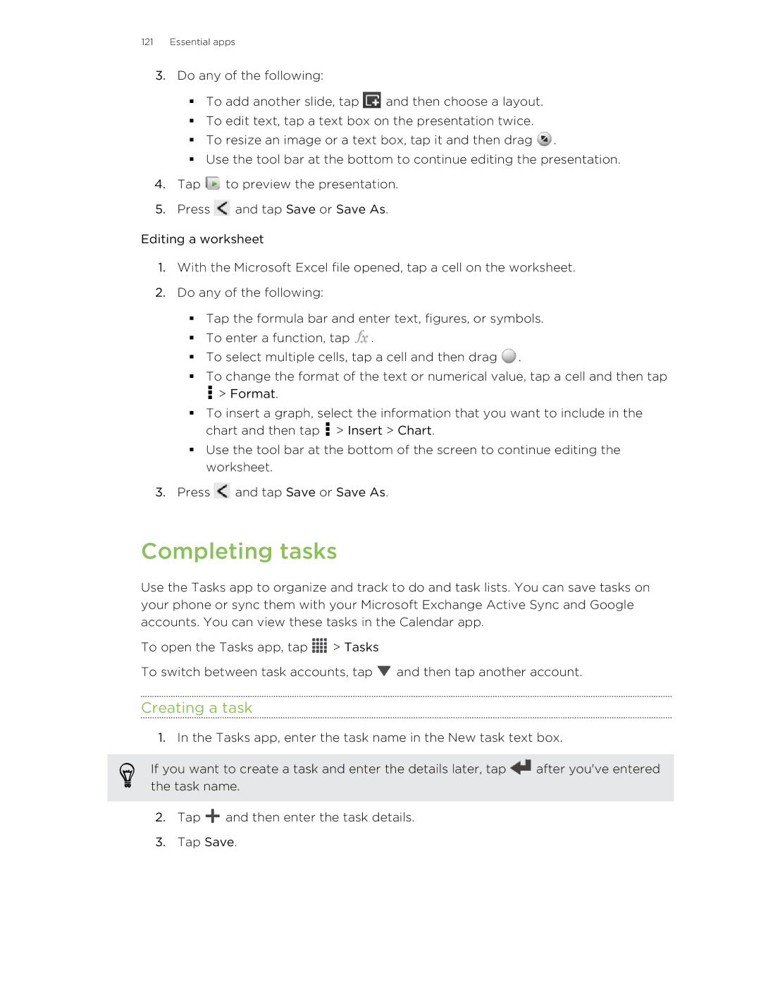 HTC C3HTCONEV4GBUNLOCKEDBLACK manual Completing tasks, Creating a task 