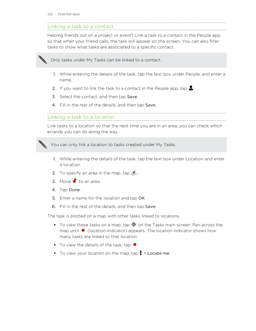 HTC C3HTCONEV4GBUNLOCKEDBLACK manual Linking a task to a contact, Linking a task to a location 