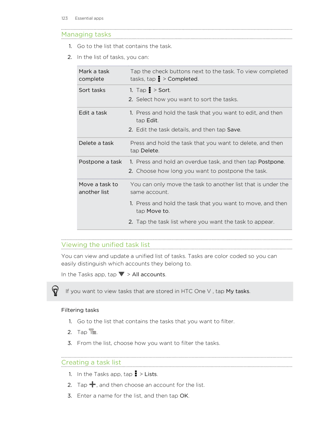 HTC C3HTCONEV4GBUNLOCKEDBLACK manual Managing tasks, Viewing the unified task list, Creating a task list 