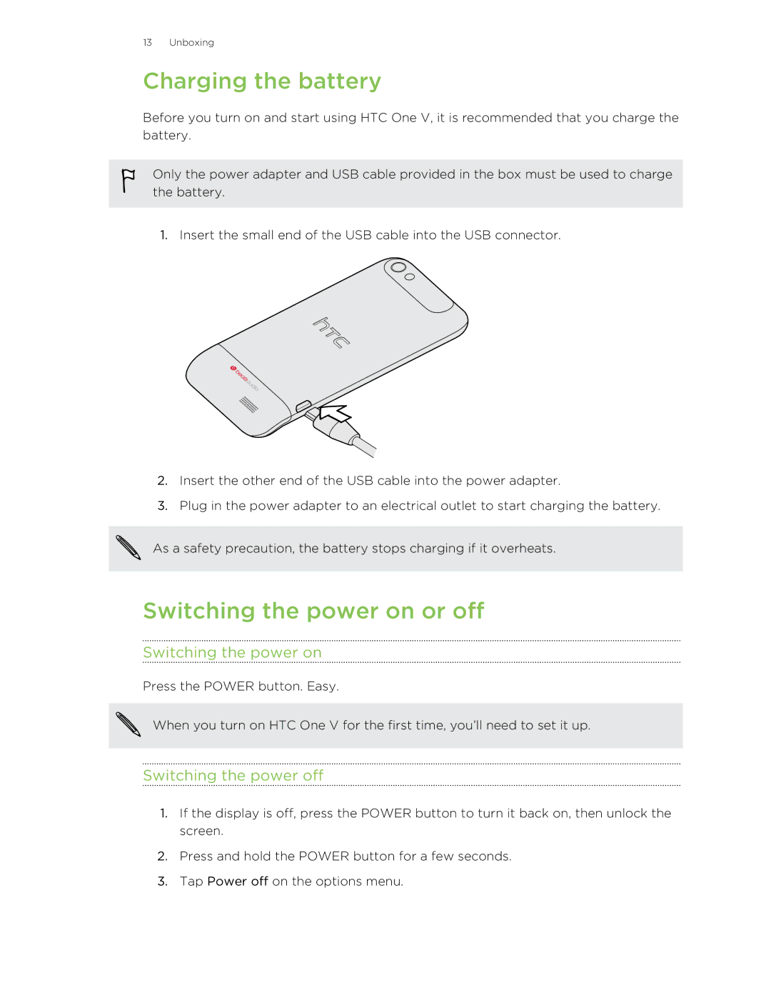 HTC C3HTCONEV4GBUNLOCKEDBLACK manual Charging the battery, Switching the power on or off, Switching the power off 