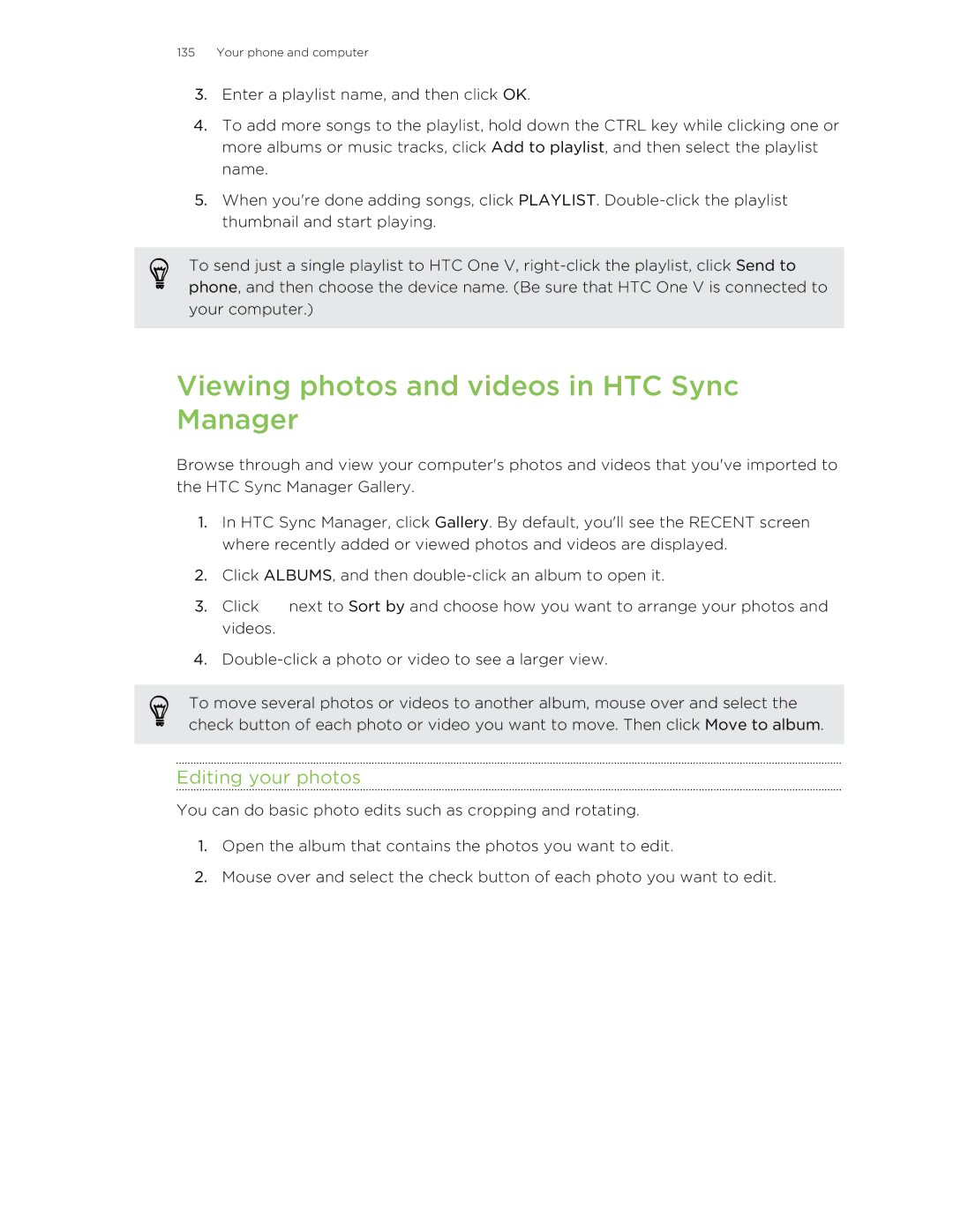 HTC C3HTCONEV4GBUNLOCKEDBLACK manual Viewing photos and videos in HTC Sync Manager, Editing your photos 