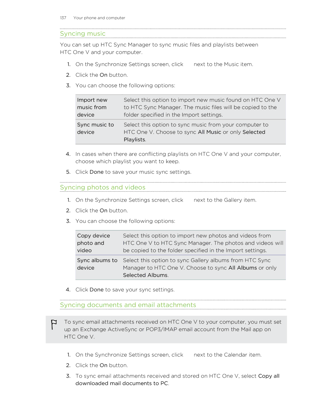 HTC C3HTCONEV4GBUNLOCKEDBLACK manual Syncing music, Syncing photos and videos, Syncing documents and email attachments 
