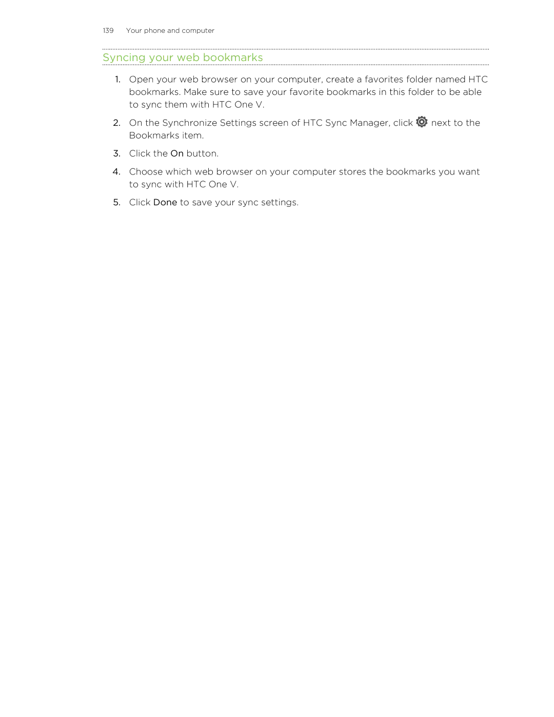 HTC C3HTCONEV4GBUNLOCKEDBLACK manual Syncing your web bookmarks 