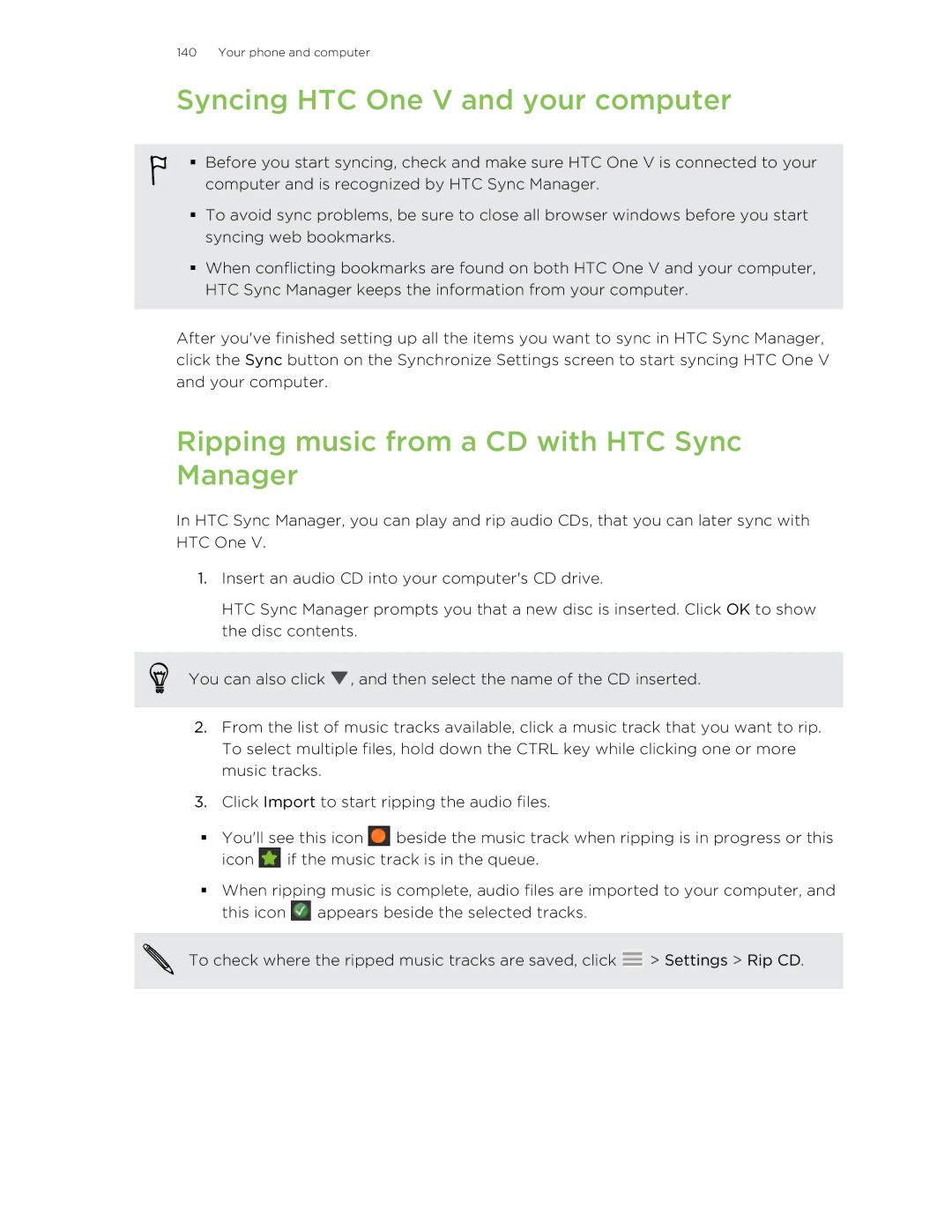 HTC C3HTCONEV4GBUNLOCKEDBLACK manual Syncing HTC One V and your computer, Ripping music from a CD with HTC Sync Manager 