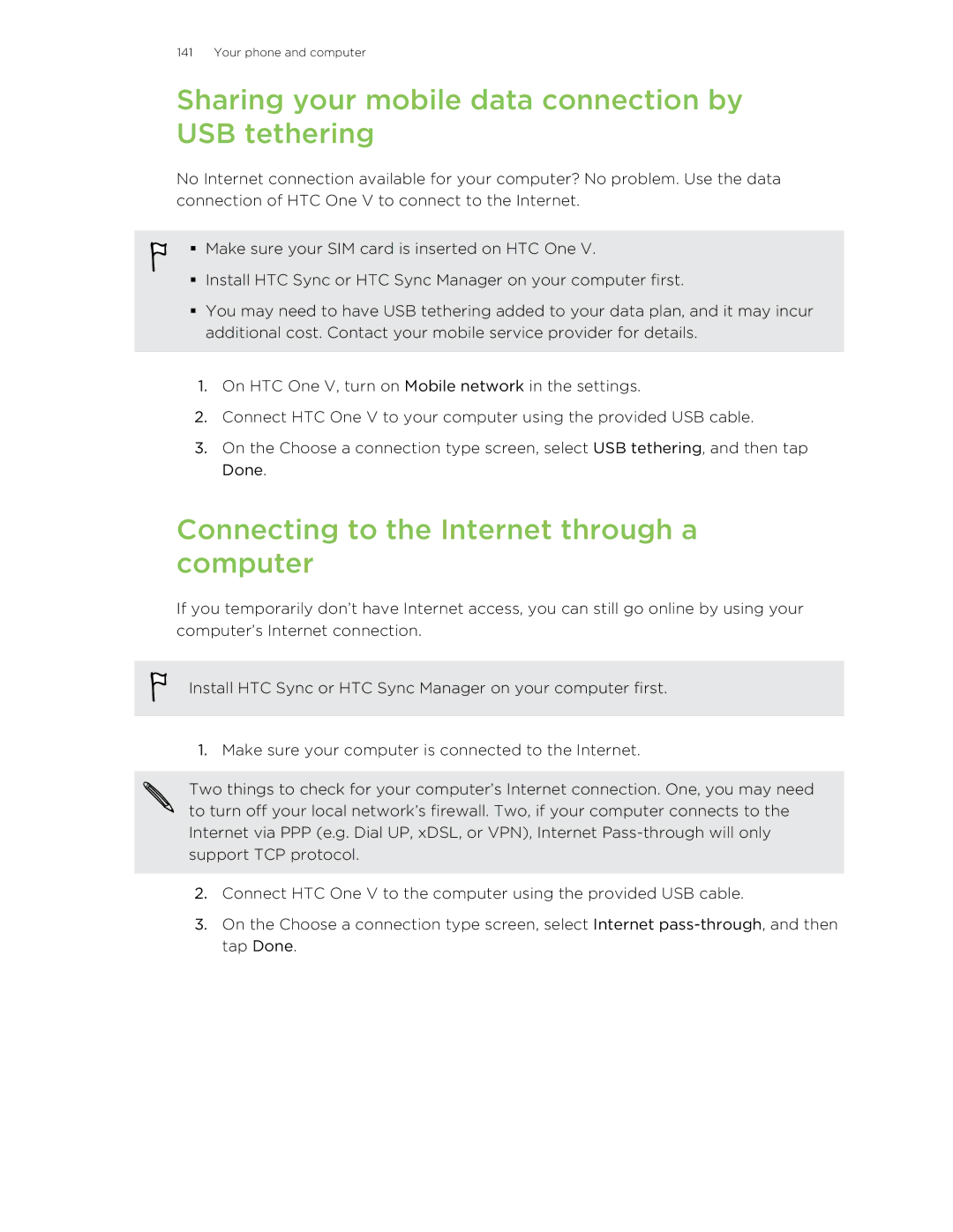 HTC C3HTCONEV4GBUNLOCKEDBLACK manual Sharing your mobile data connection by USB tethering 