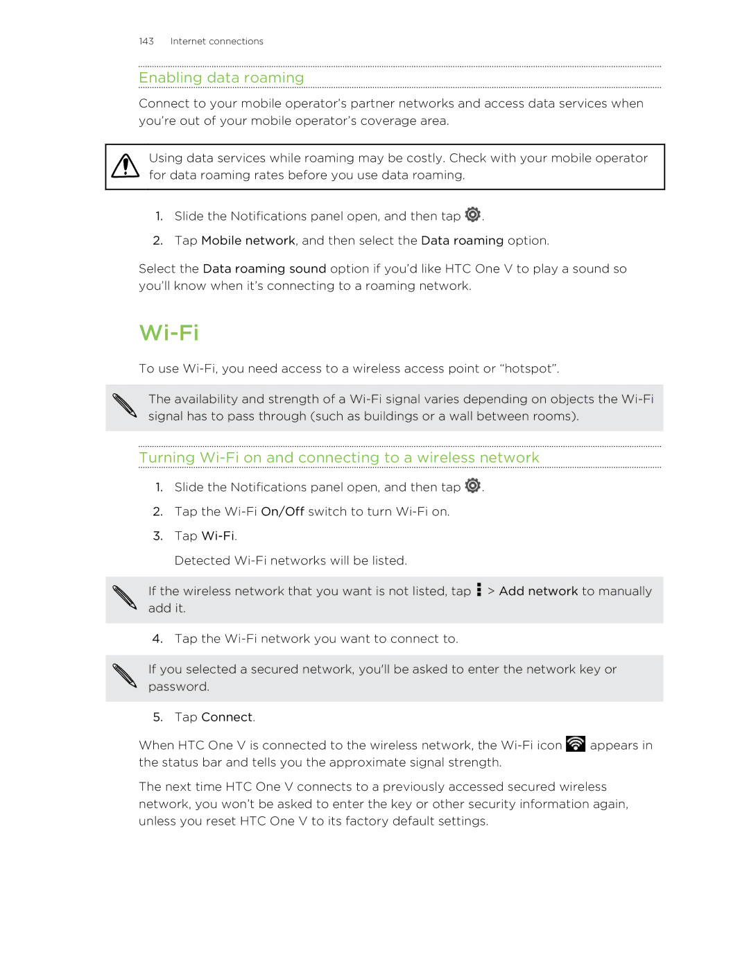 HTC C3HTCONEV4GBUNLOCKEDBLACK manual Enabling data roaming, Turning Wi-Fi on and connecting to a wireless network 