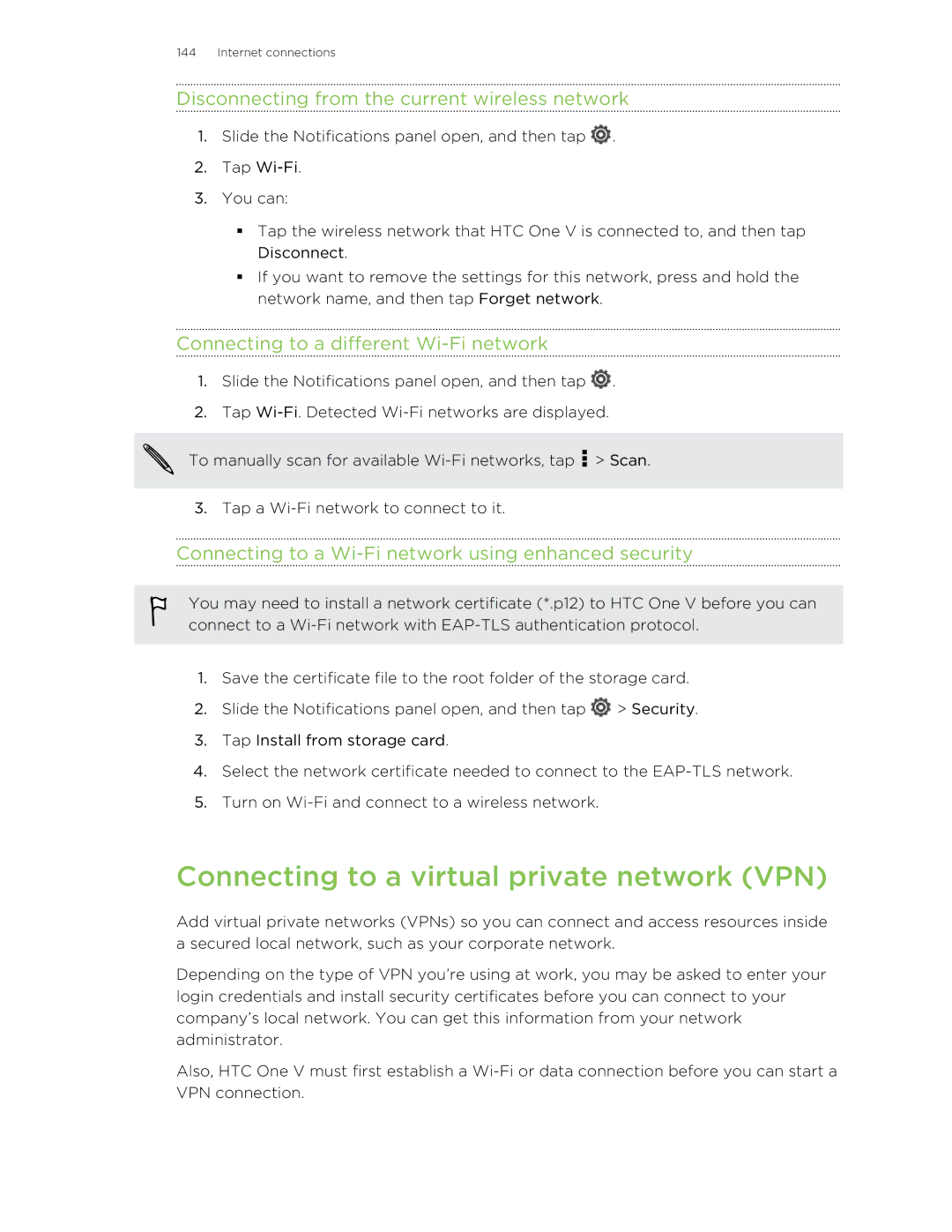 HTC C3HTCONEV4GBUNLOCKEDBLACK Connecting to a virtual private network VPN, Disconnecting from the current wireless network 