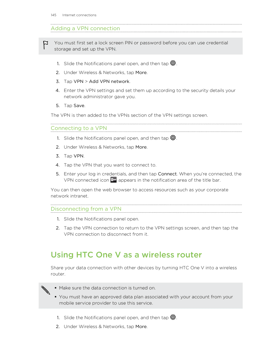 HTC C3HTCONEV4GBUNLOCKEDBLACK manual Using HTC One V as a wireless router, Adding a VPN connection, Connecting to a VPN 