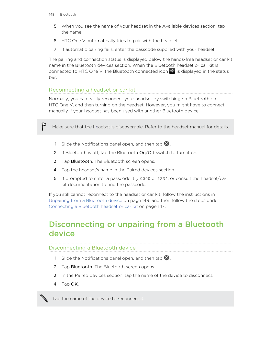 HTC C3HTCONEV4GBUNLOCKEDBLACK manual Disconnecting or unpairing from a Bluetooth device, Reconnecting a headset or car kit 