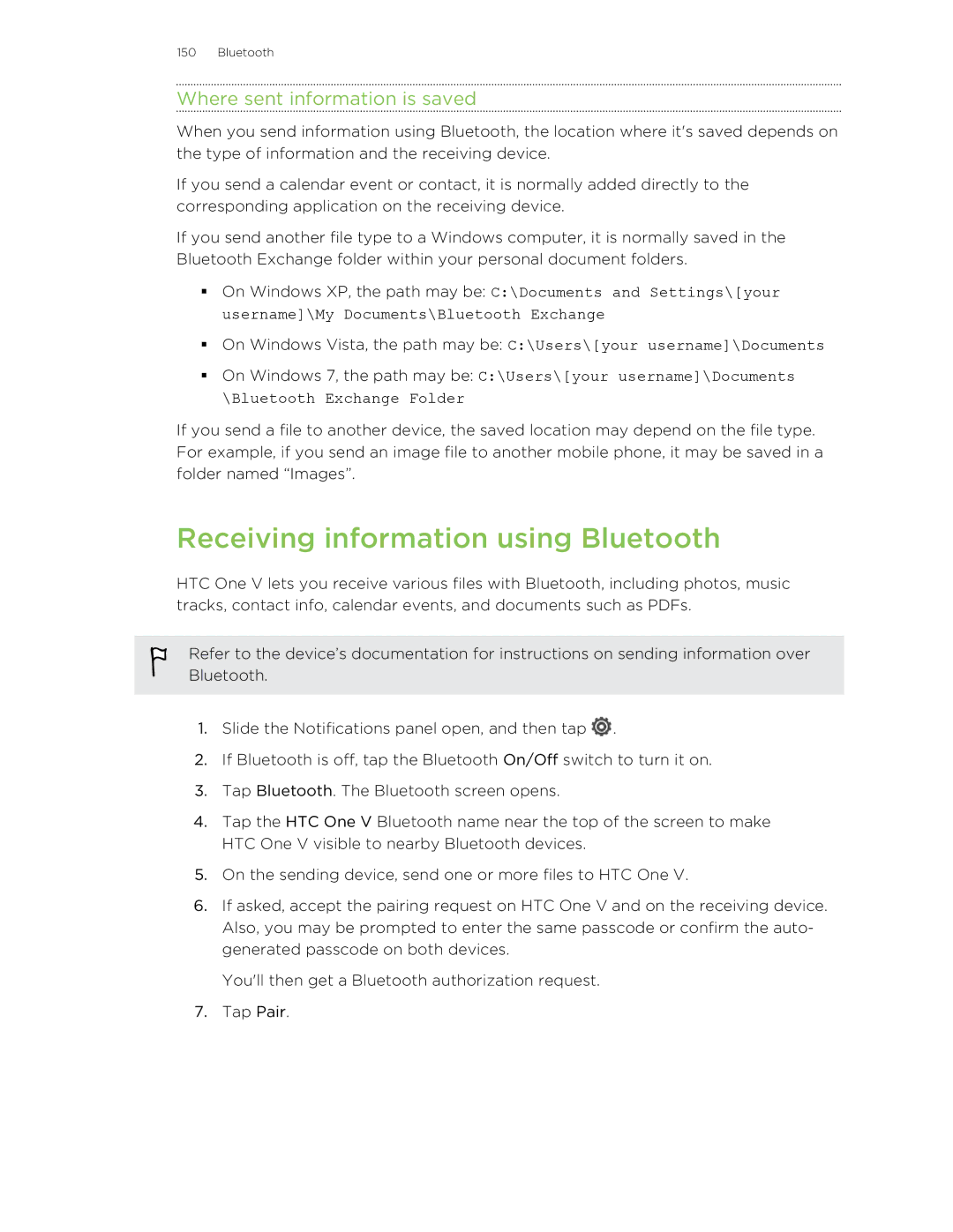 HTC C3HTCONEV4GBUNLOCKEDBLACK manual Receiving information using Bluetooth, Where sent information is saved 