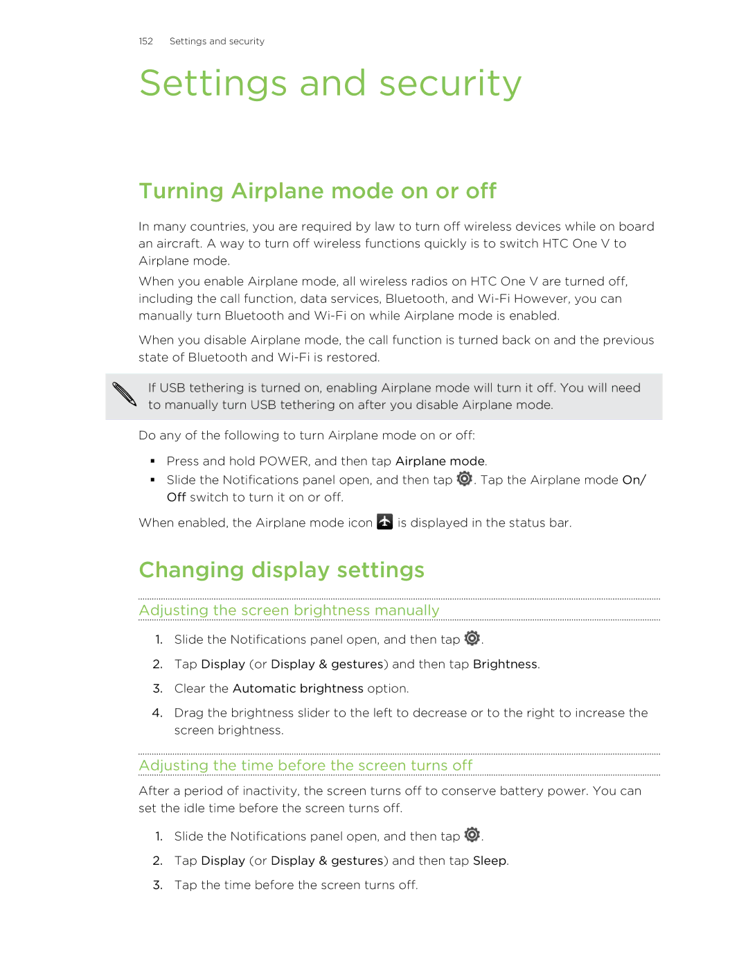 HTC C3HTCONEV4GBUNLOCKEDBLACK manual Settings and security, Turning Airplane mode on or off, Changing display settings 