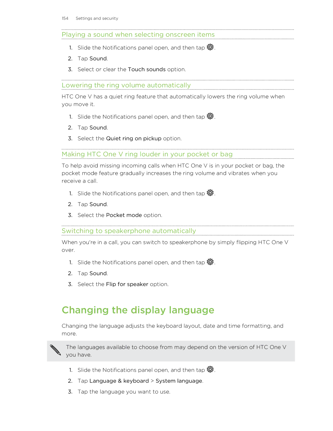 HTC C3HTCONEV4GBUNLOCKEDBLACK manual Changing the display language, Playing a sound when selecting onscreen items 