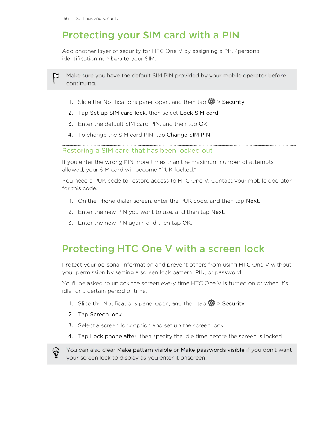 HTC C3HTCONEV4GBUNLOCKEDBLACK manual Protecting your SIM card with a PIN, Protecting HTC One V with a screen lock 