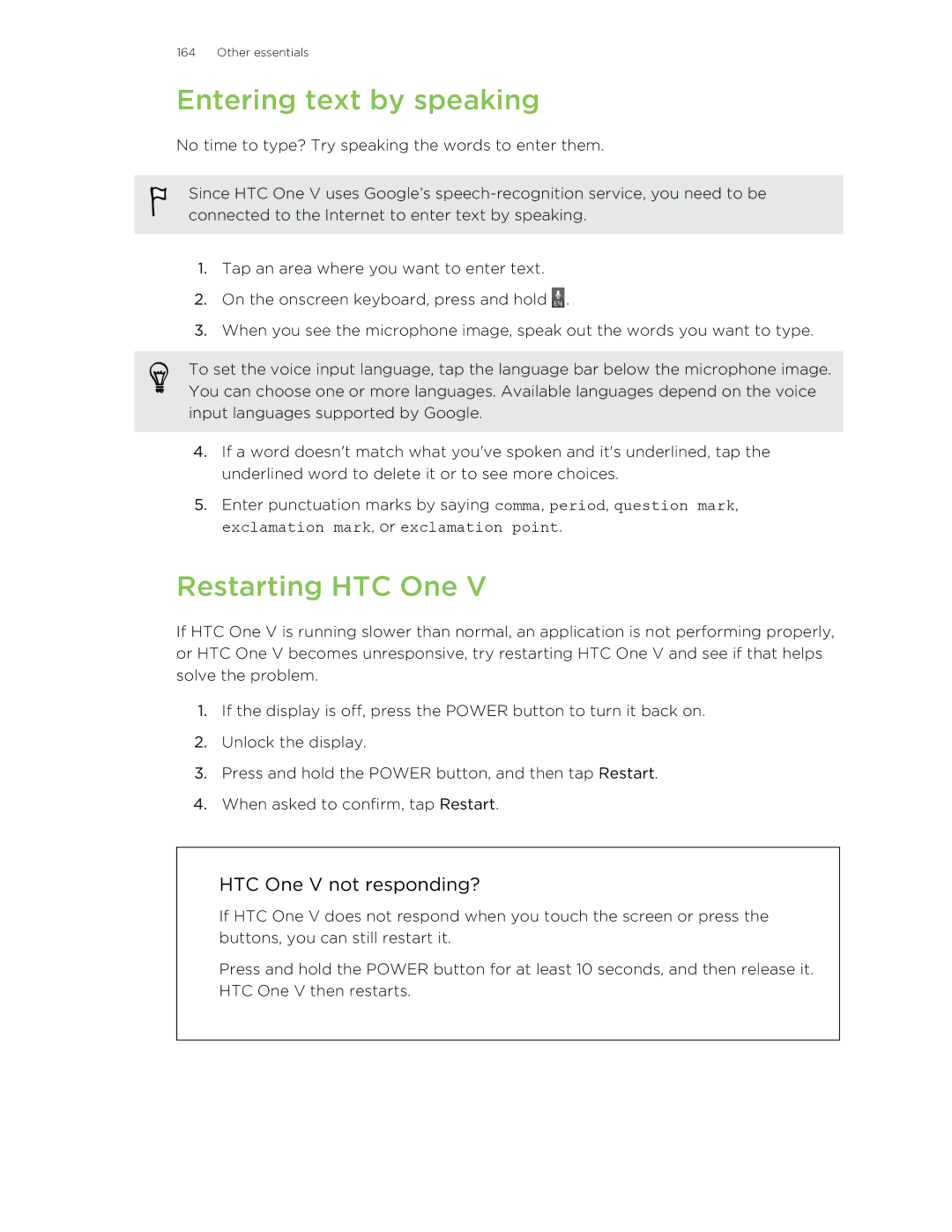 HTC C3HTCONEV4GBUNLOCKEDBLACK manual Entering text by speaking, Restarting HTC One 