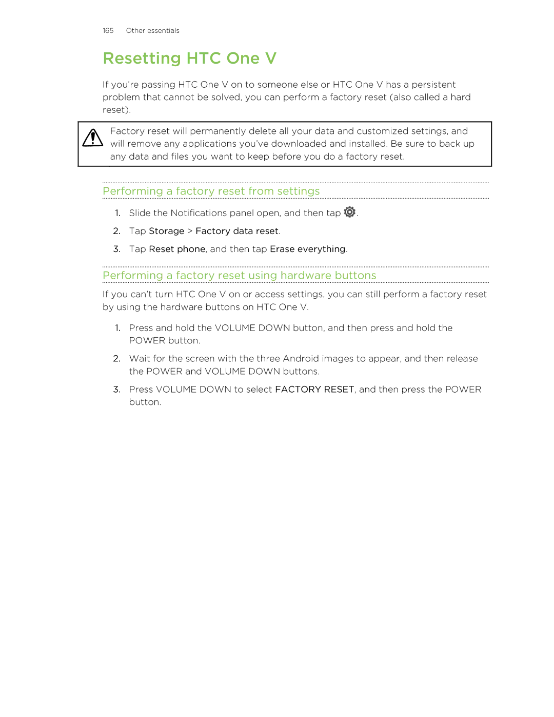 HTC C3HTCONEV4GBUNLOCKEDBLACK manual Resetting HTC One, Performing a factory reset from settings 