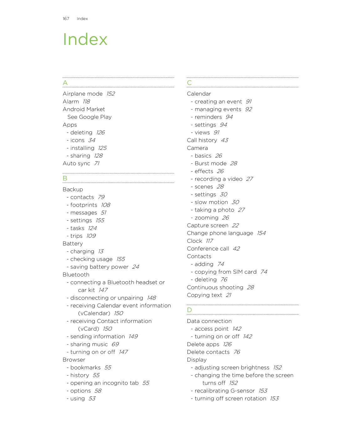 HTC C3HTCONEV4GBUNLOCKEDBLACK manual Index 