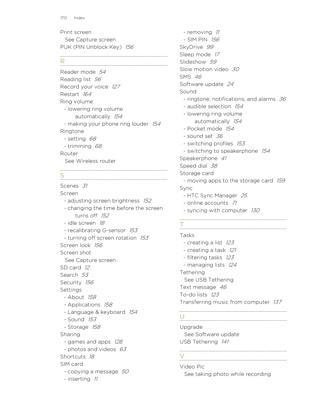 HTC C3HTCONEV4GBUNLOCKEDBLACK manual Index 