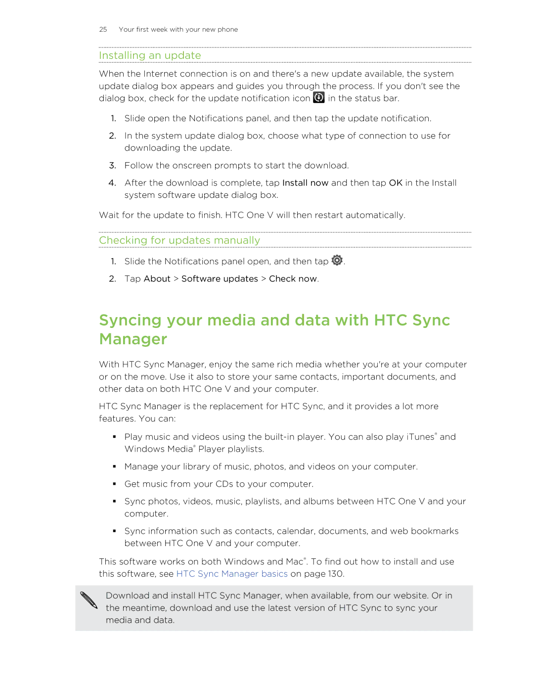 HTC C3HTCONEV4GBUNLOCKEDBLACK manual Syncing your media and data with HTC Sync Manager, Installing an update 