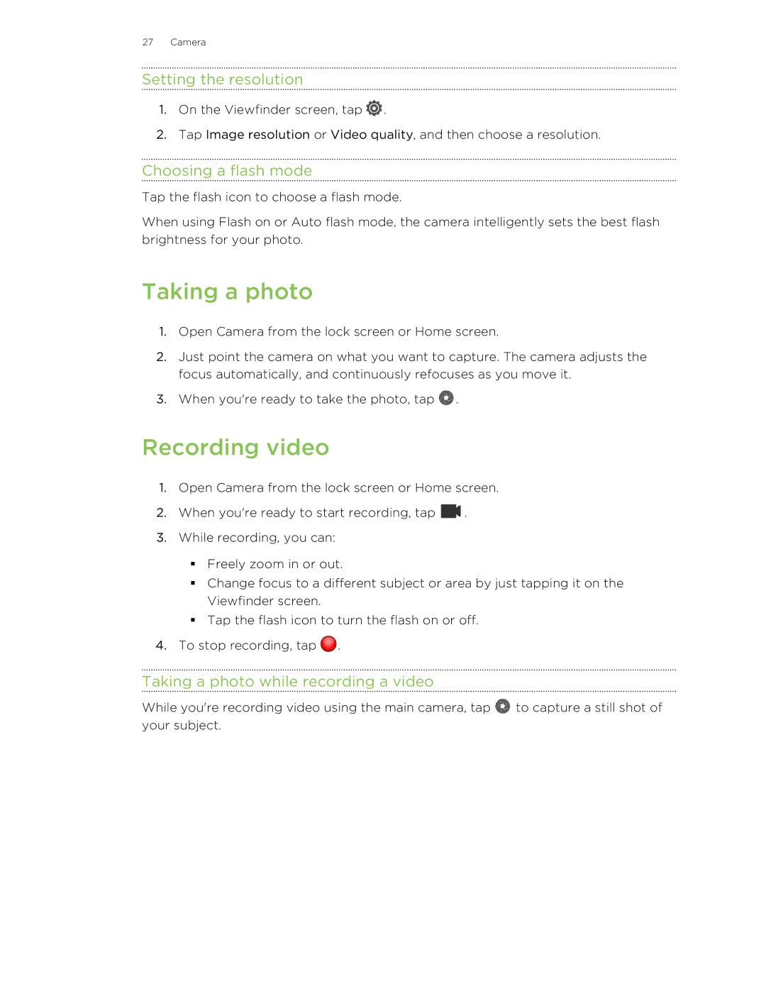 HTC C3HTCONEV4GBUNLOCKEDBLACK manual Taking a photo, Recording video, Setting the resolution, Choosing a flash mode 