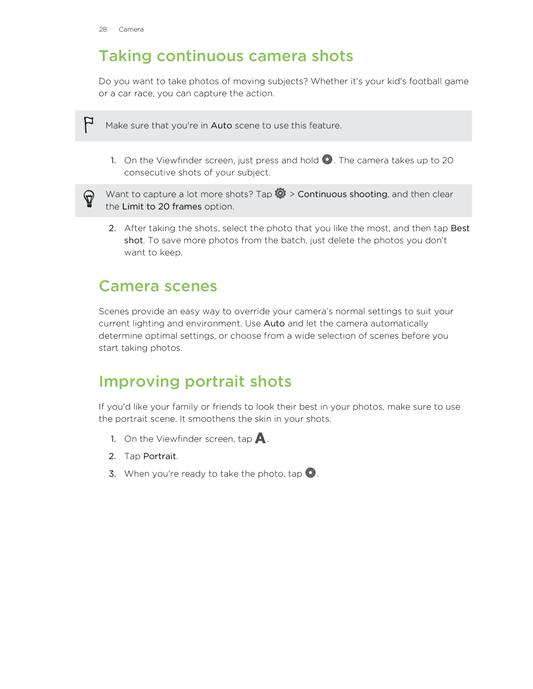 HTC C3HTCONEV4GBUNLOCKEDBLACK manual Taking continuous camera shots, Camera scenes, Improving portrait shots 