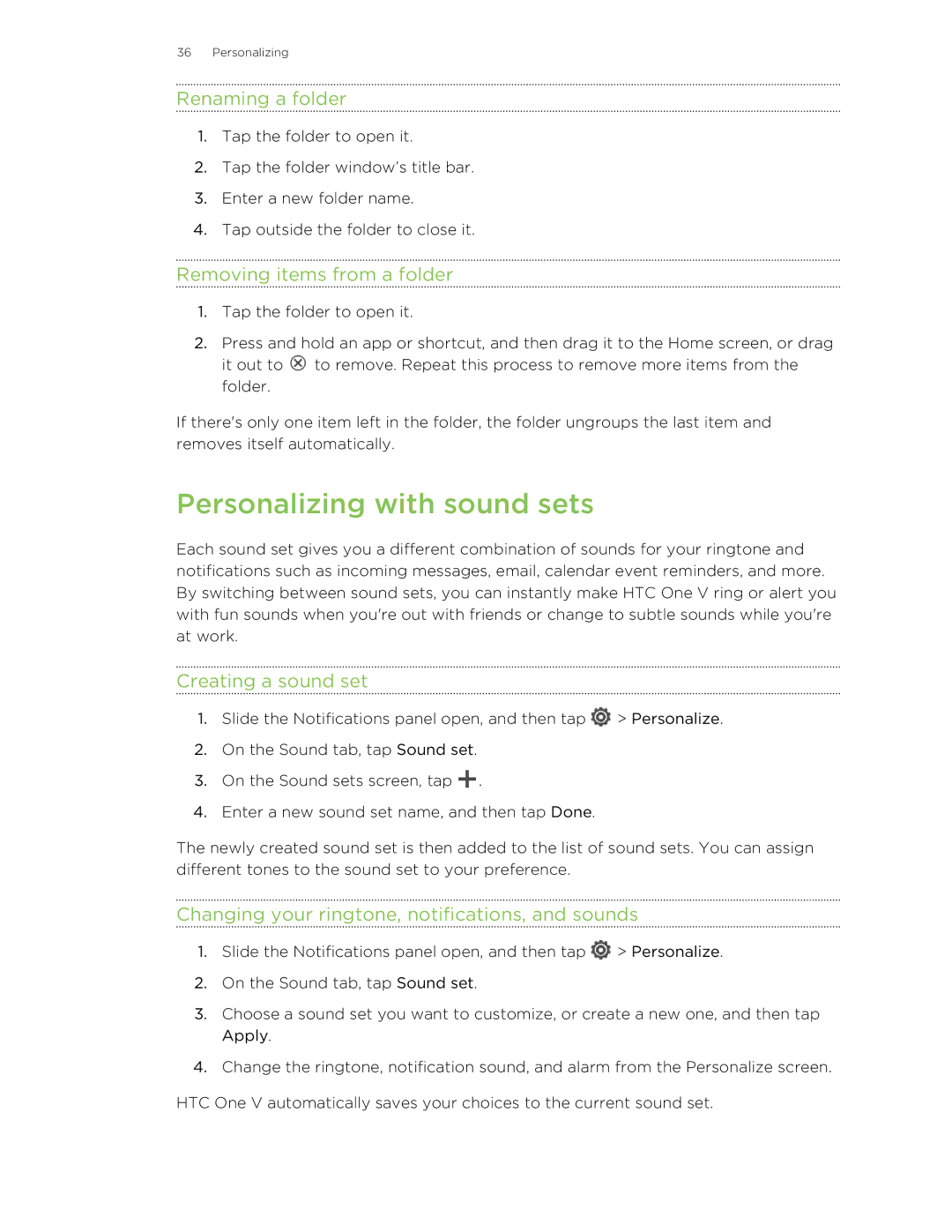 HTC C3HTCONEV4GBUNLOCKEDBLACK manual Personalizing with sound sets, Renaming a folder, Removing items from a folder 