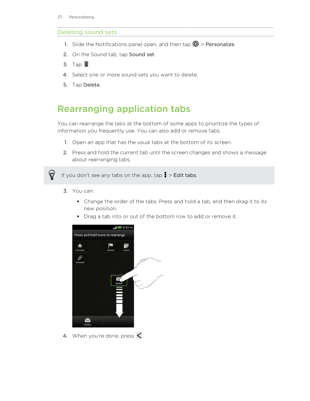 HTC C3HTCONEV4GBUNLOCKEDBLACK manual Rearranging application tabs, Deleting sound sets 