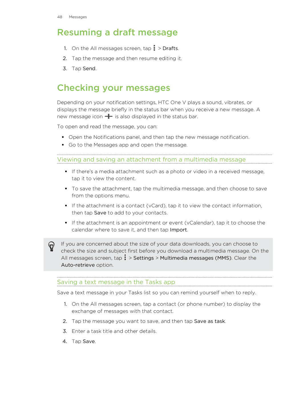 HTC C3HTCONEV4GBUNLOCKEDBLACK Resuming a draft message, Checking your messages, Saving a text message in the Tasks app 