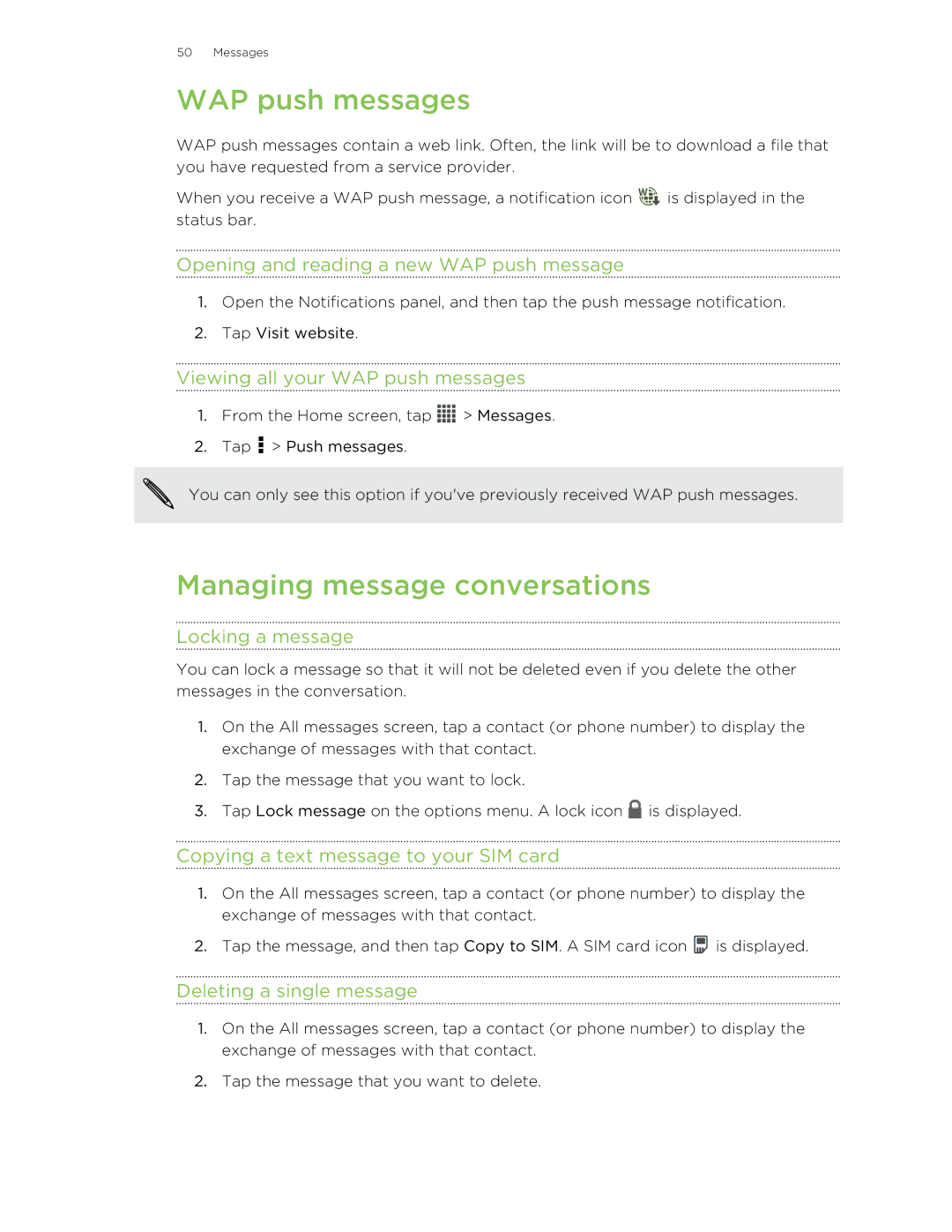 HTC C3HTCONEV4GBUNLOCKEDBLACK manual WAP push messages, Managing message conversations 