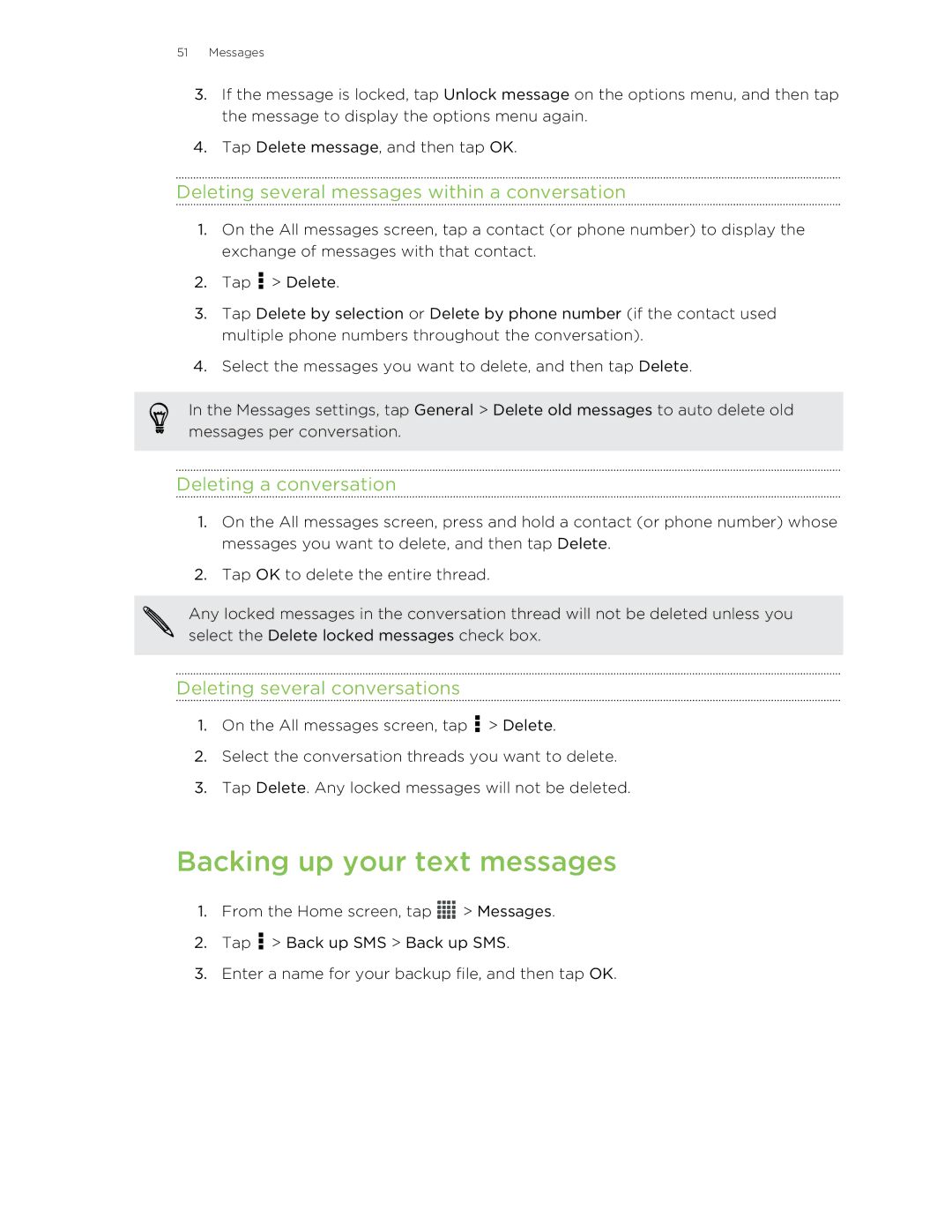 HTC C3HTCONEV4GBUNLOCKEDBLACK manual Backing up your text messages, Deleting several messages within a conversation 