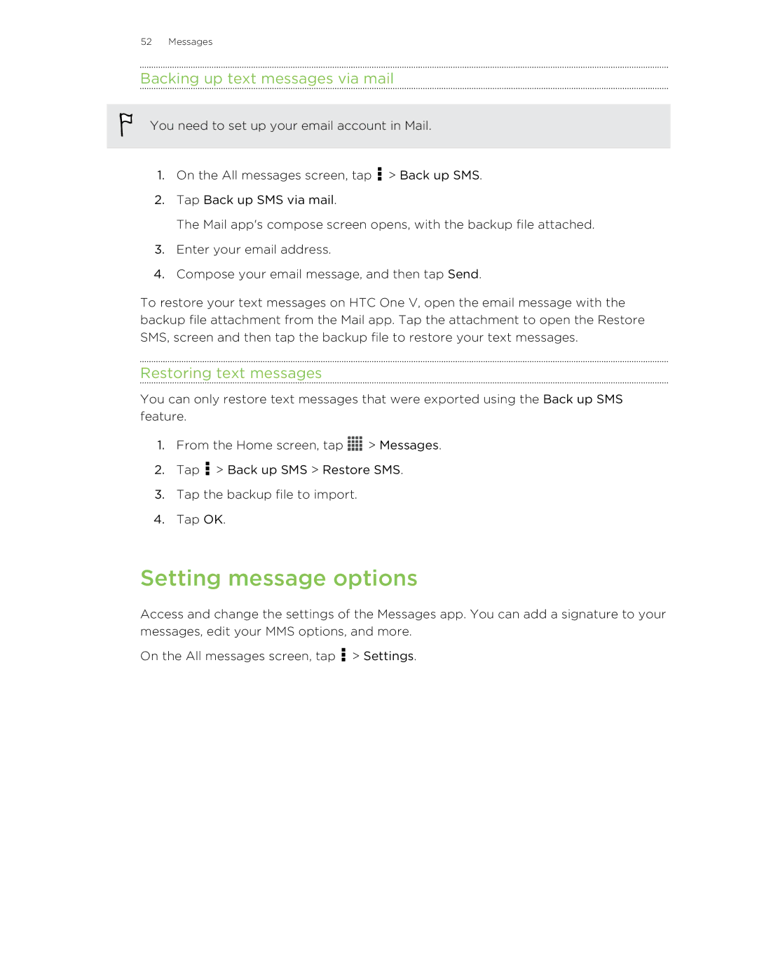 HTC C3HTCONEV4GBUNLOCKEDBLACK manual Setting message options, Backing up text messages via mail, Restoring text messages 