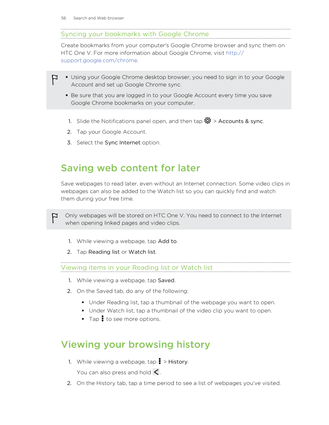 HTC C3HTCONEV4GBUNLOCKEDBLACK manual Saving web content for later, Viewing your browsing history 