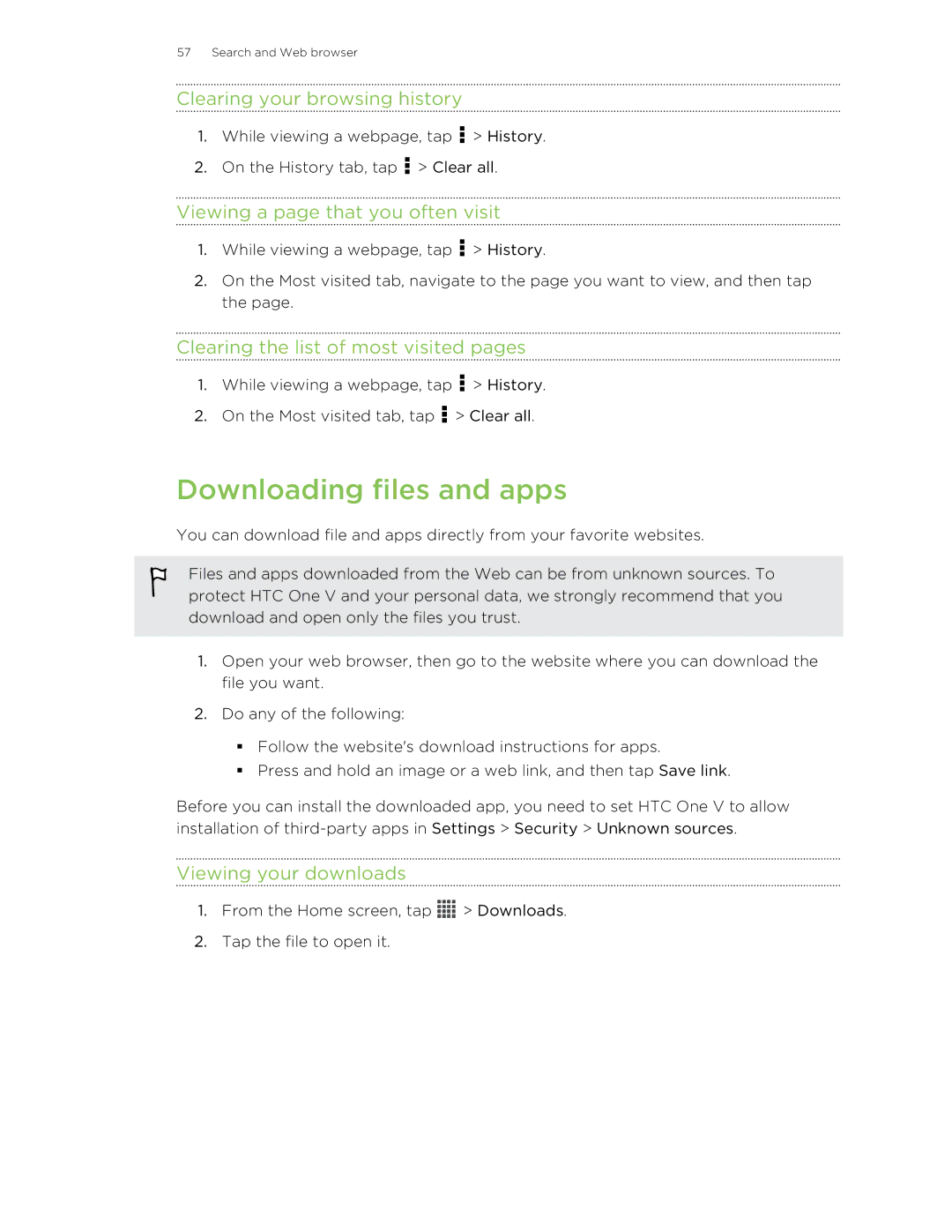 HTC C3HTCONEV4GBUNLOCKEDBLACK manual Downloading files and apps, Clearing your browsing history, Viewing your downloads 