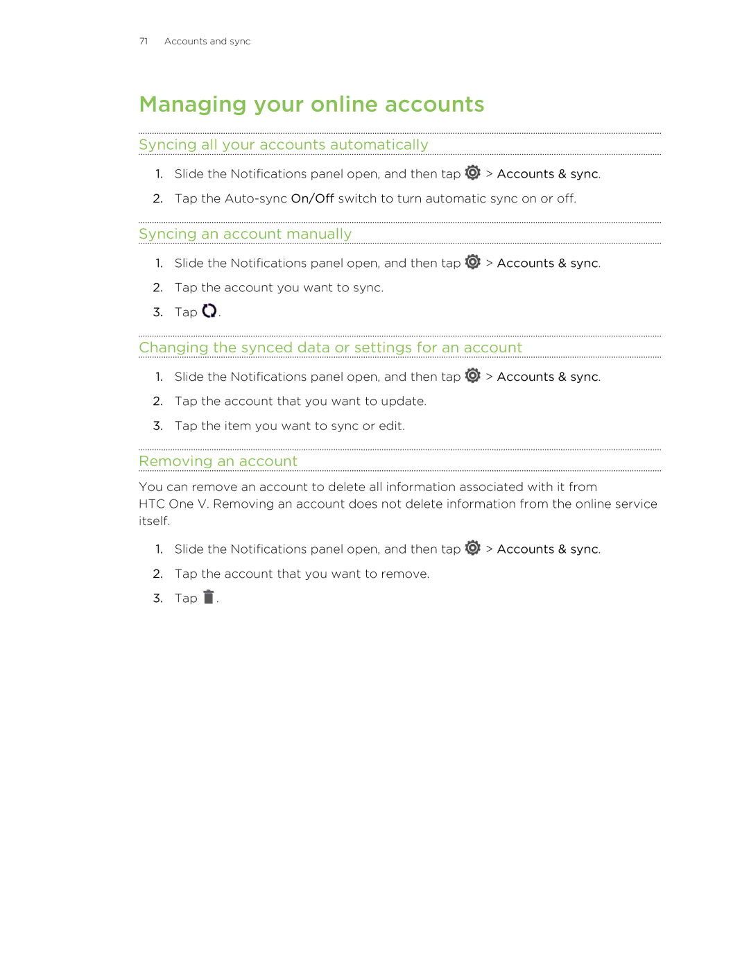 HTC C3HTCONEV4GBUNLOCKEDBLACK Managing your online accounts, Syncing all your accounts automatically, Removing an account 