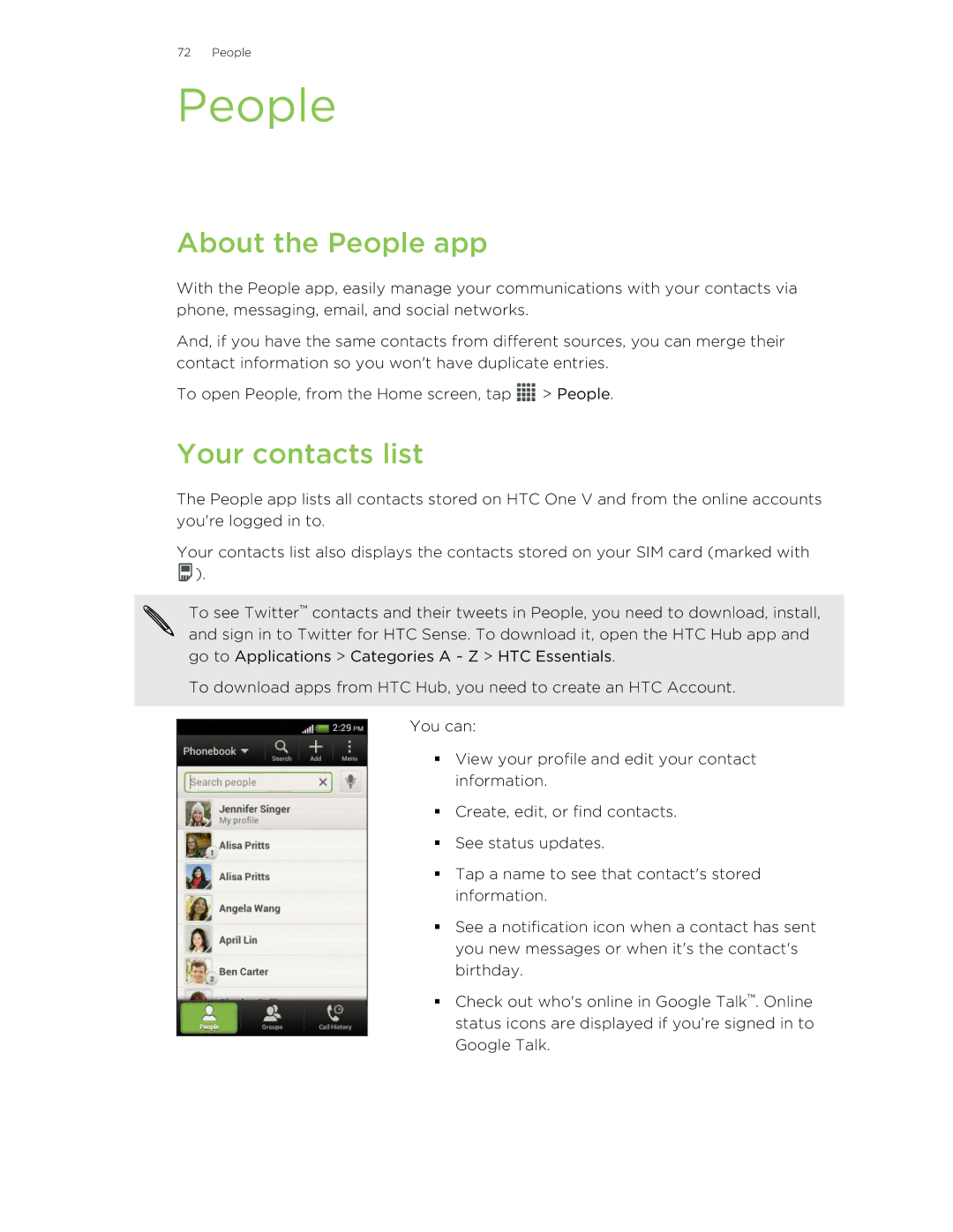 HTC C3HTCONEV4GBUNLOCKEDBLACK manual About the People app, Your contacts list 