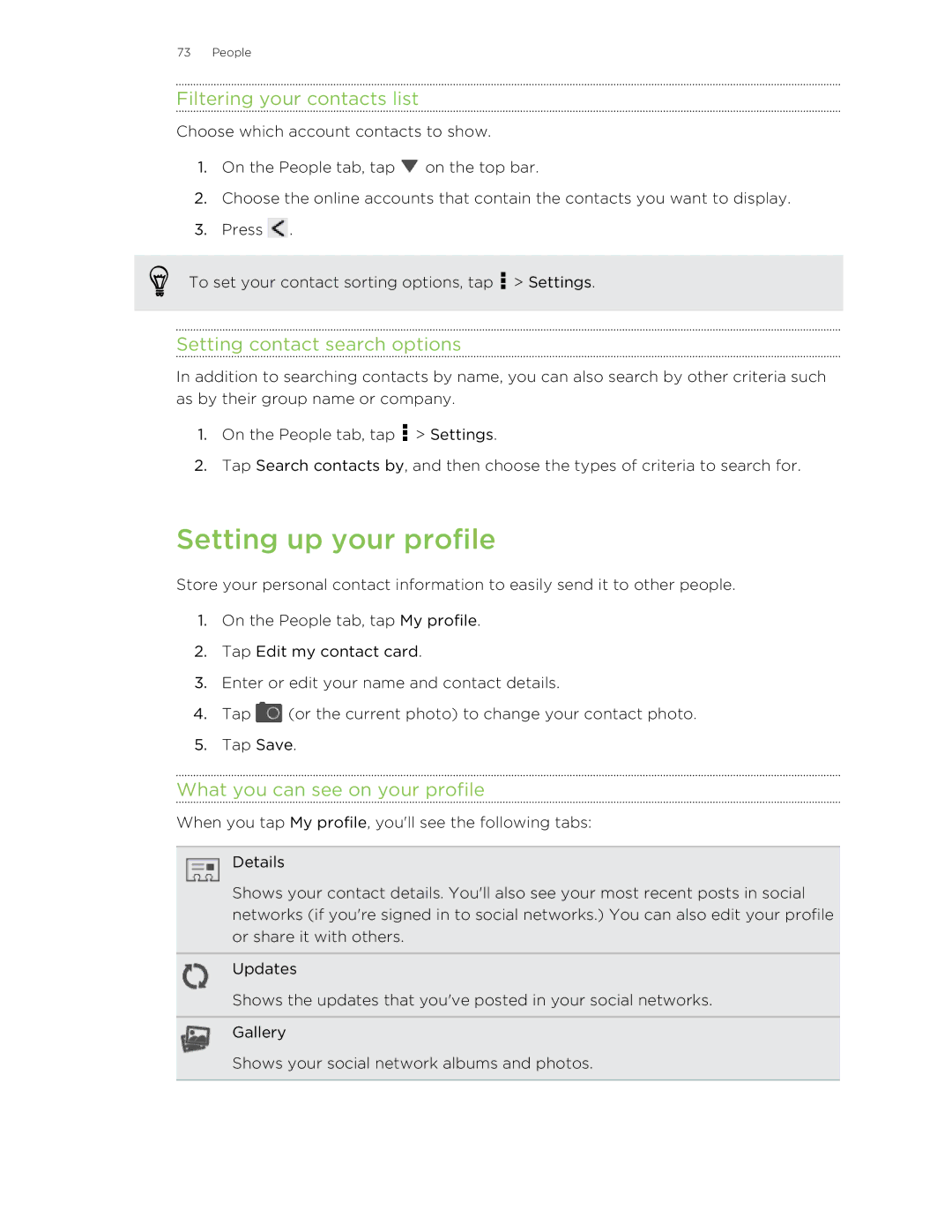 HTC C3HTCONEV4GBUNLOCKEDBLACK manual Setting up your profile, Filtering your contacts list, Setting contact search options 