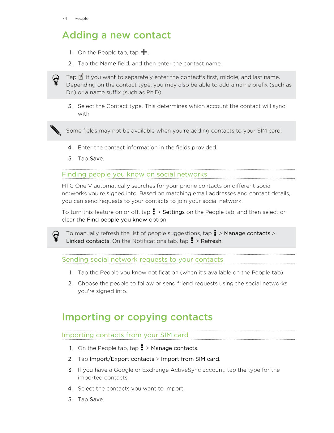 HTC C3HTCONEV4GBUNLOCKEDBLACK Adding a new contact, Importing or copying contacts, Importing contacts from your SIM card 