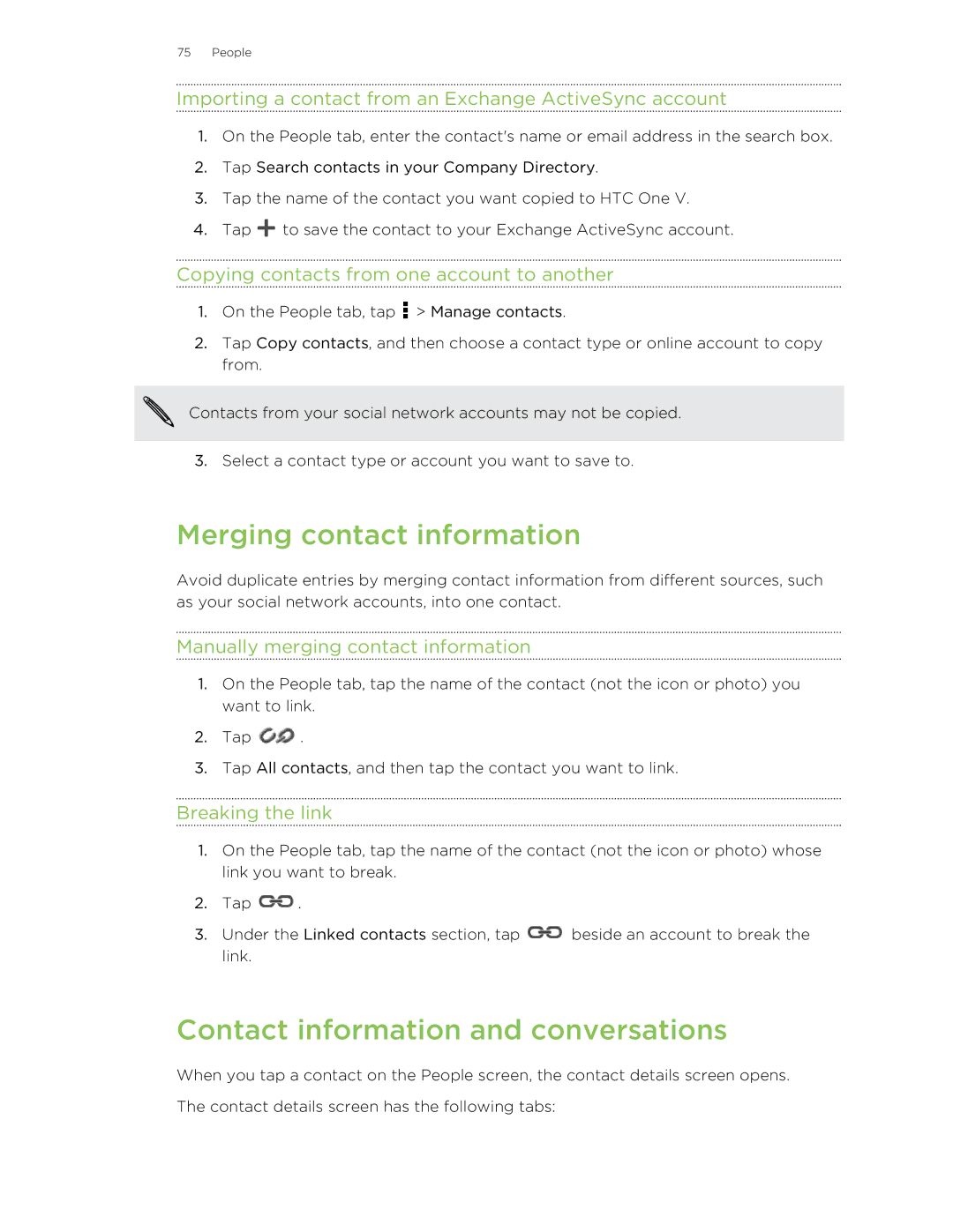 HTC C3HTCONEV4GBUNLOCKEDBLACK manual Merging contact information, Contact information and conversations 