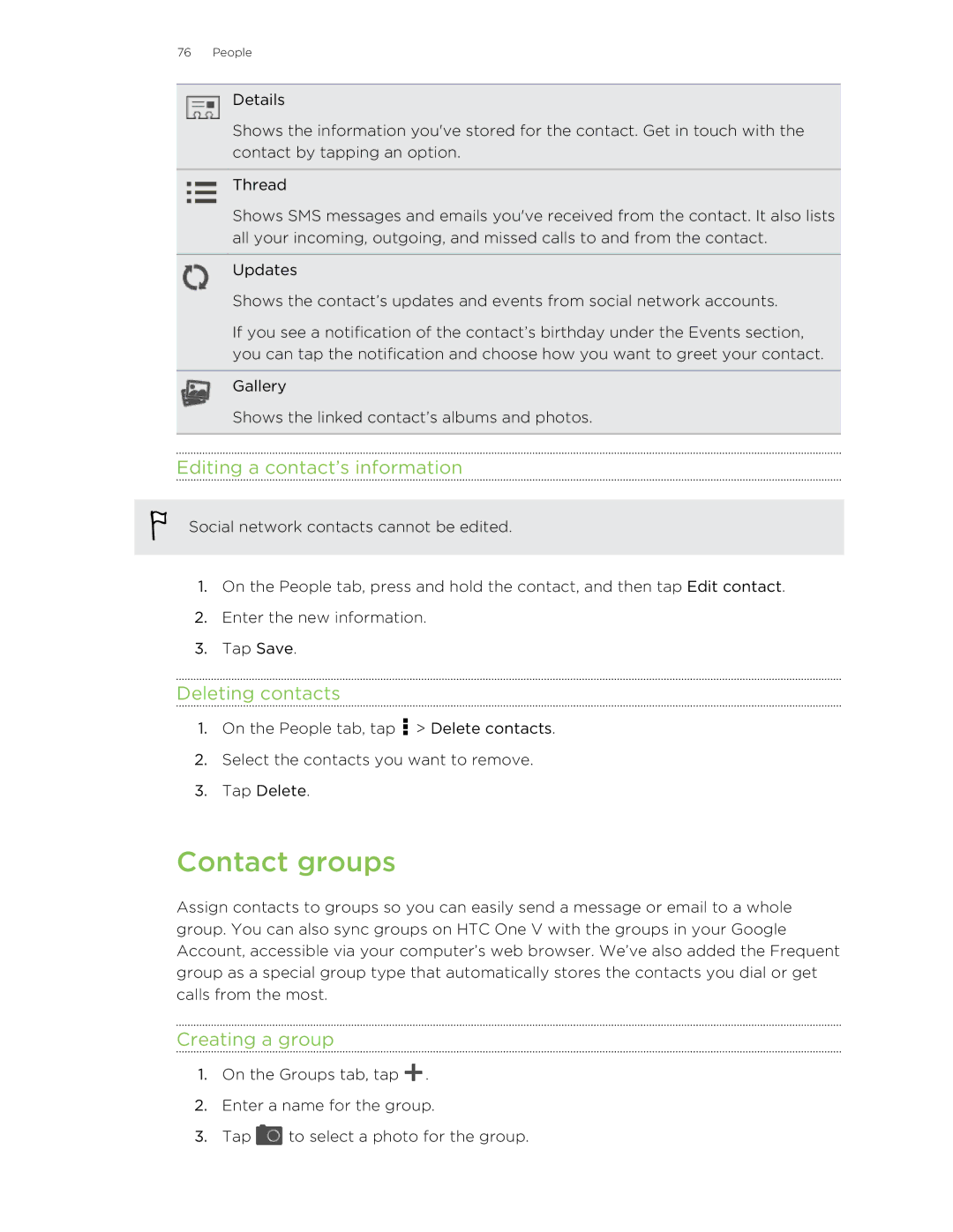 HTC C3HTCONEV4GBUNLOCKEDBLACK manual Contact groups, Editing a contact’s information, Deleting contacts, Creating a group 