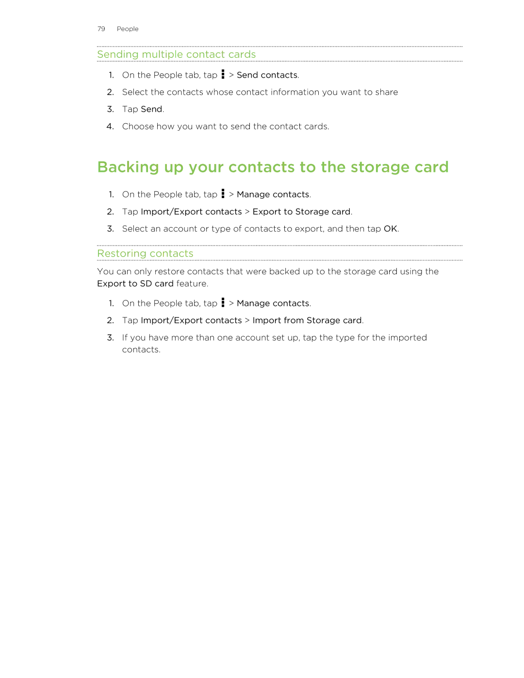 HTC C3HTCONEV4GBUNLOCKEDBLACK manual Backing up your contacts to the storage card, Sending multiple contact cards 