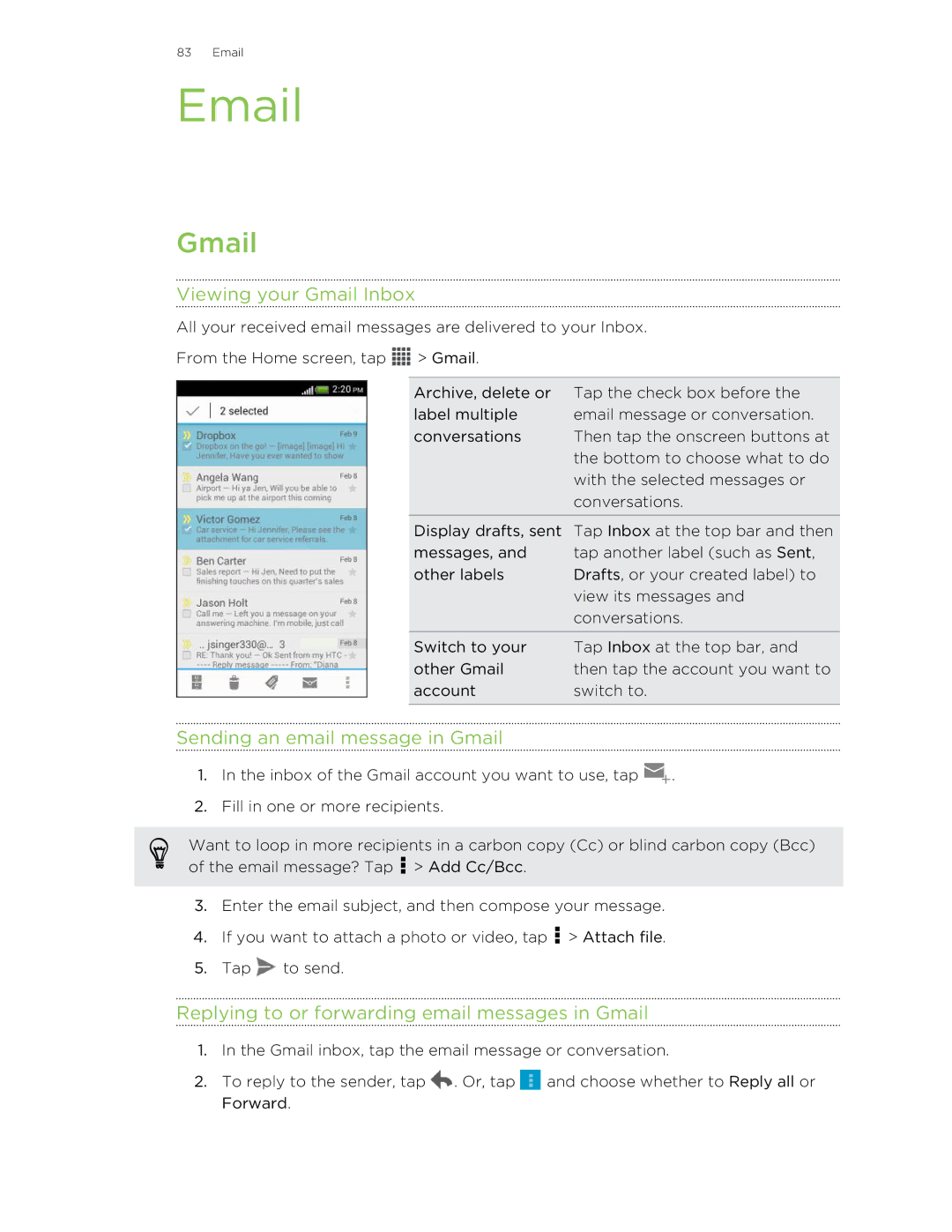 HTC C3HTCONEV4GBUNLOCKEDBLACK manual Viewing your Gmail Inbox, Sending an email message in Gmail 