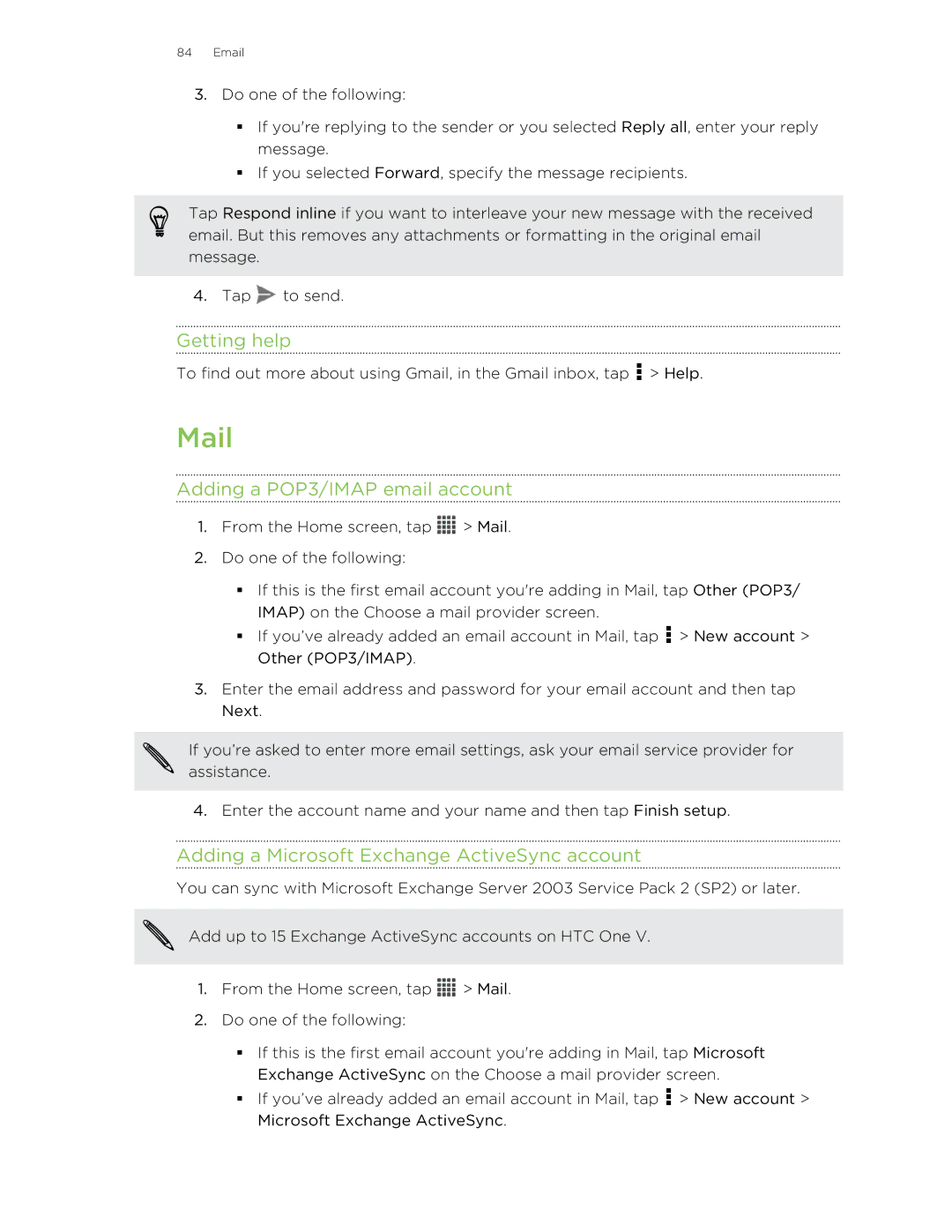 HTC C3HTCONEV4GBUNLOCKEDBLACK manual Mail, Getting help, Adding a POP3/IMAP email account 